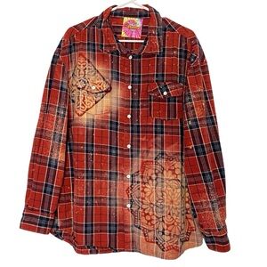 Handmade Floral Flannel Shirt Mens Size XL Unisex Bleached Plaid Button Down